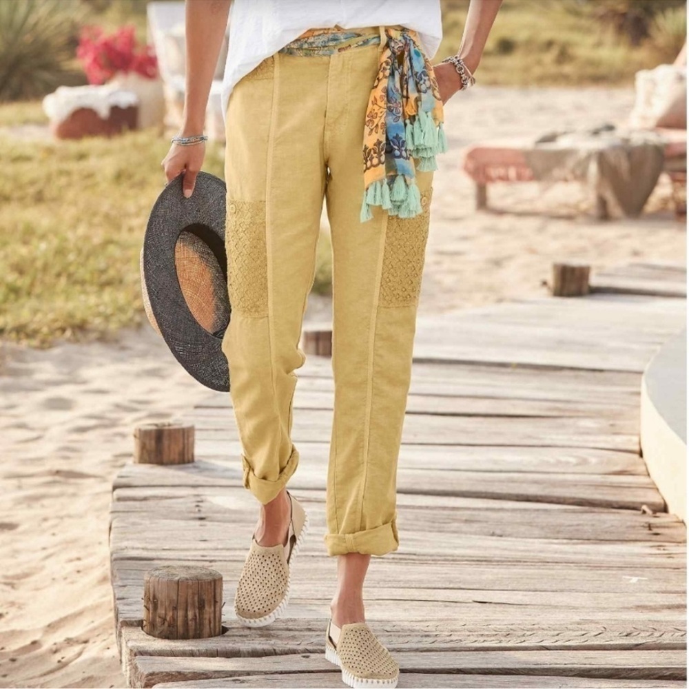 Sundance Femme Voyager Pants Linen Crochet Details Size 8 Women’s Ivory Cream